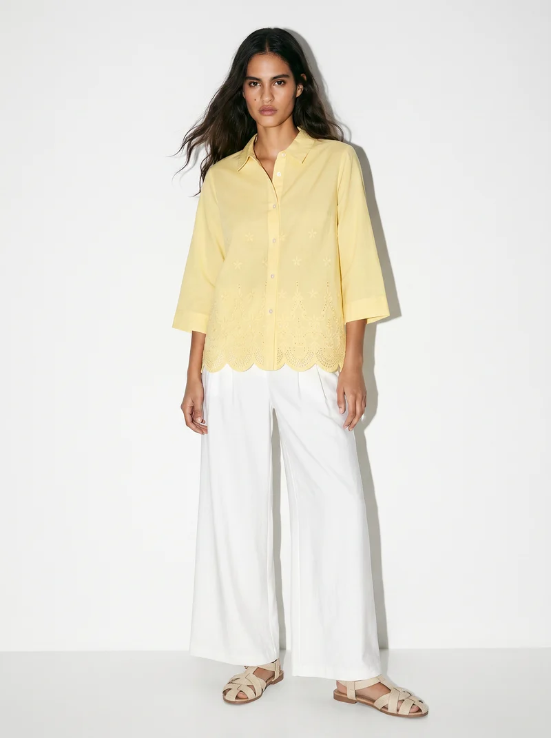 Camicia in Cotone a Manica Tre Quarti - Giallo pastello