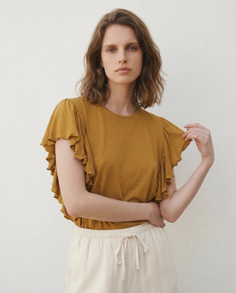 T-Shirt con Volant Laterali - Senape