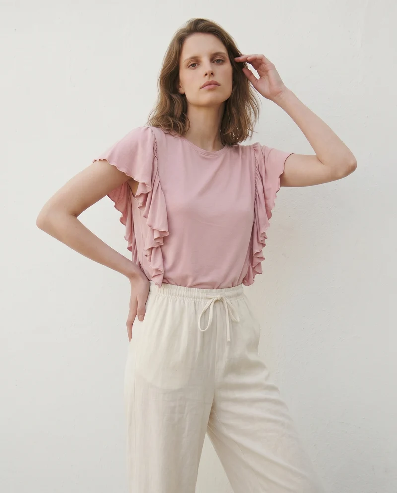 T-Shirt con Volant Laterali - Rosa polvere