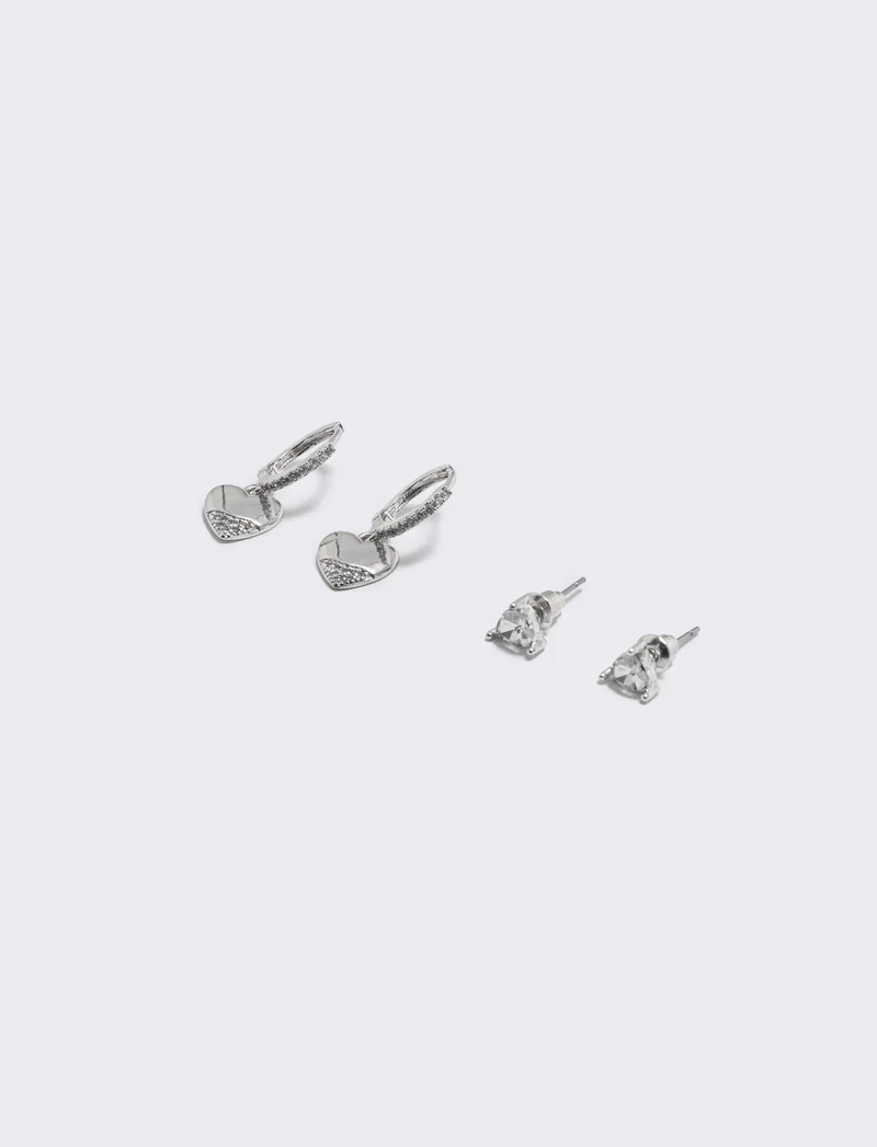 Orecchini cerchietti con cuoricino e strass - Argento