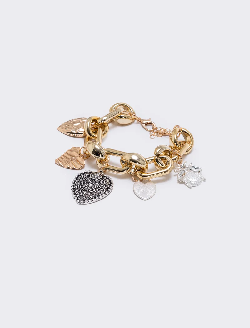 Bracciale a catena con cuori e ciondoli - Oro