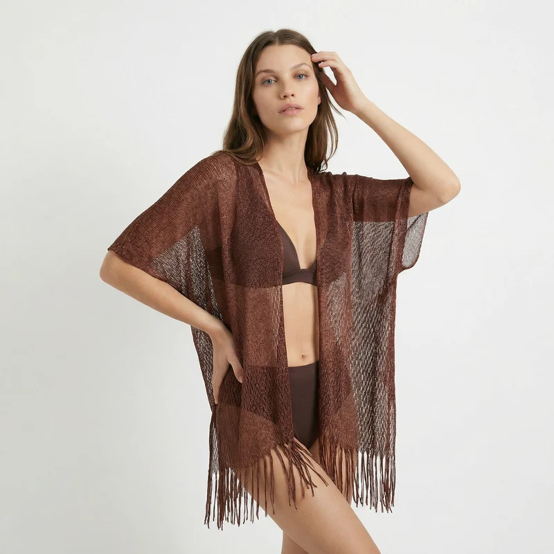 Copricostume lurex a rete con frange - Marrone