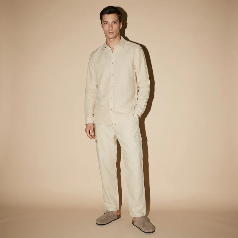 Pantaloni Chino Jogger Cargo Misto Lino - Beige ecru