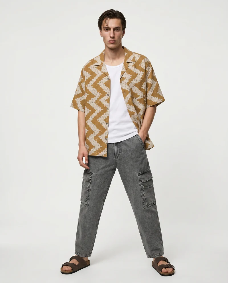 Camicia boxy fit in tessuto goffrato - Cammello