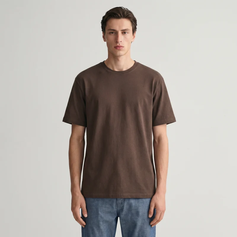 T-shirt girocollo in jacquard con maniche corte - Moro