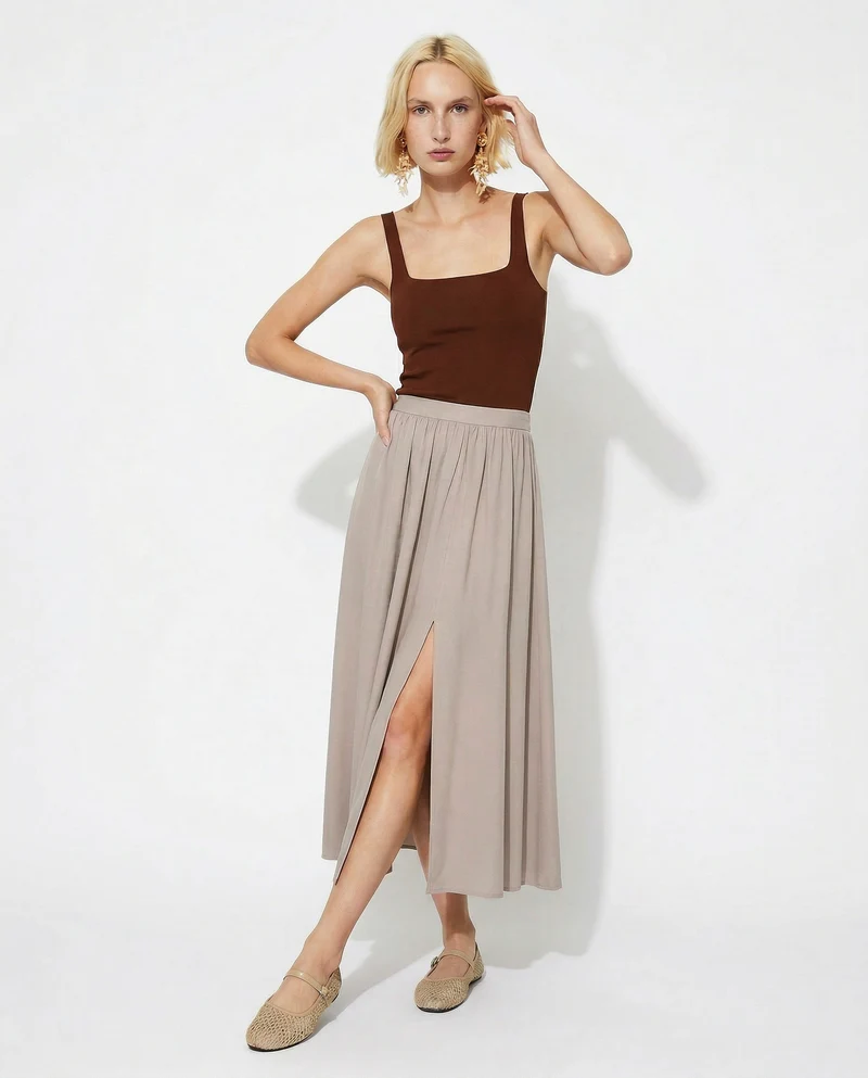 Gonna lunga con spacco elegante e versatile - Grigio fango