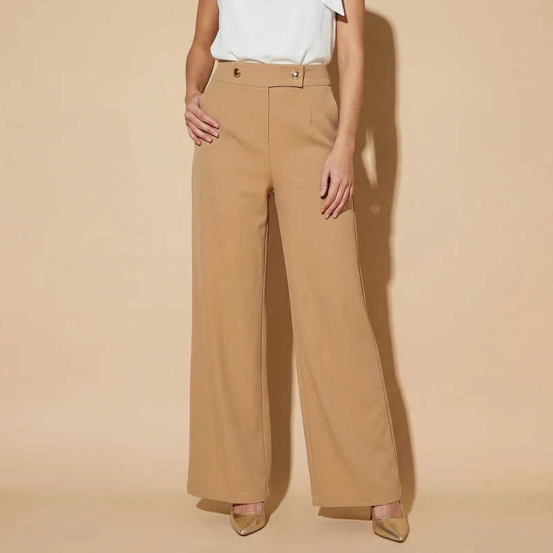 Pantaloni Palazzo con Bottoni in Vita - Sabbia