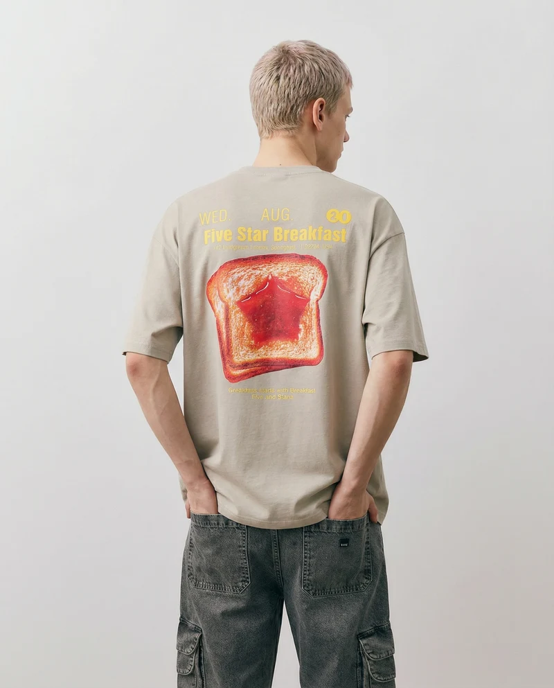 T-shirt girocollo con stampa boxy fit - Grigio stone