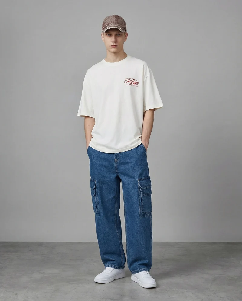 T-shirt girocollo con stampa boxy fit - Bianco