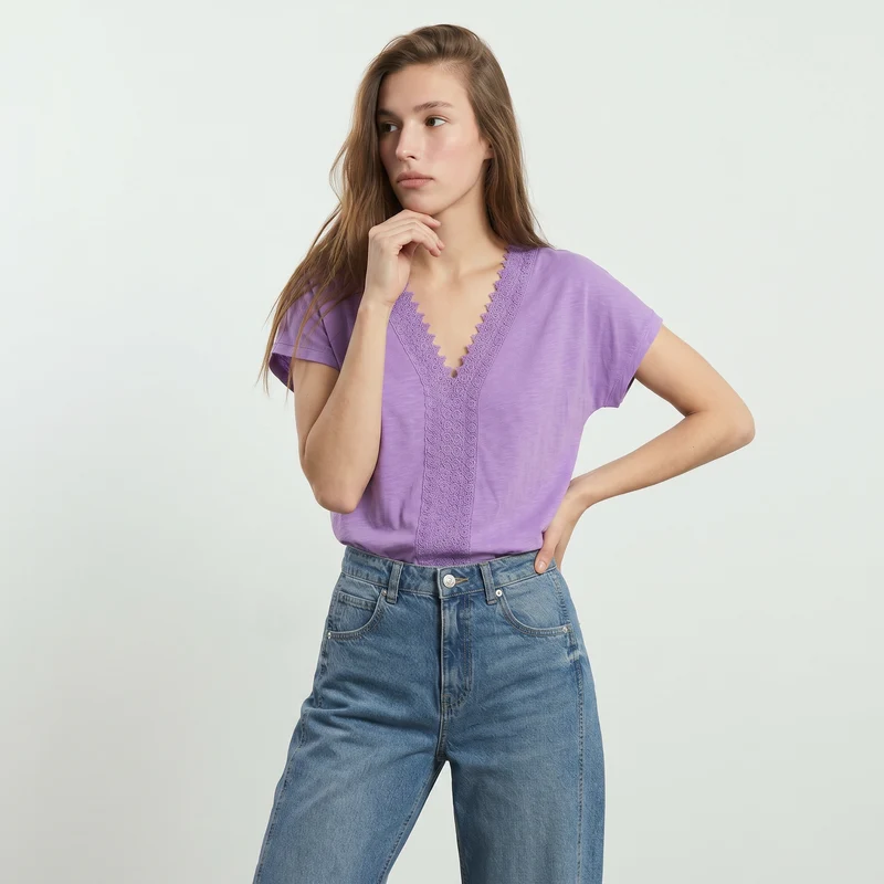 T-Shirt in Cotone con Passamaneria e Pizzo - Viola malva