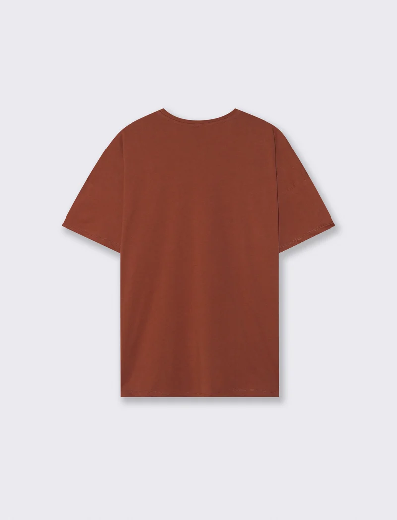 T-shirt basic con ricamo floreale tono su tono - Cognac