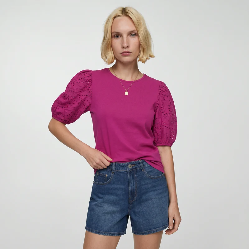 T-shirt in cotone con maniche in pizzo - Fuxia