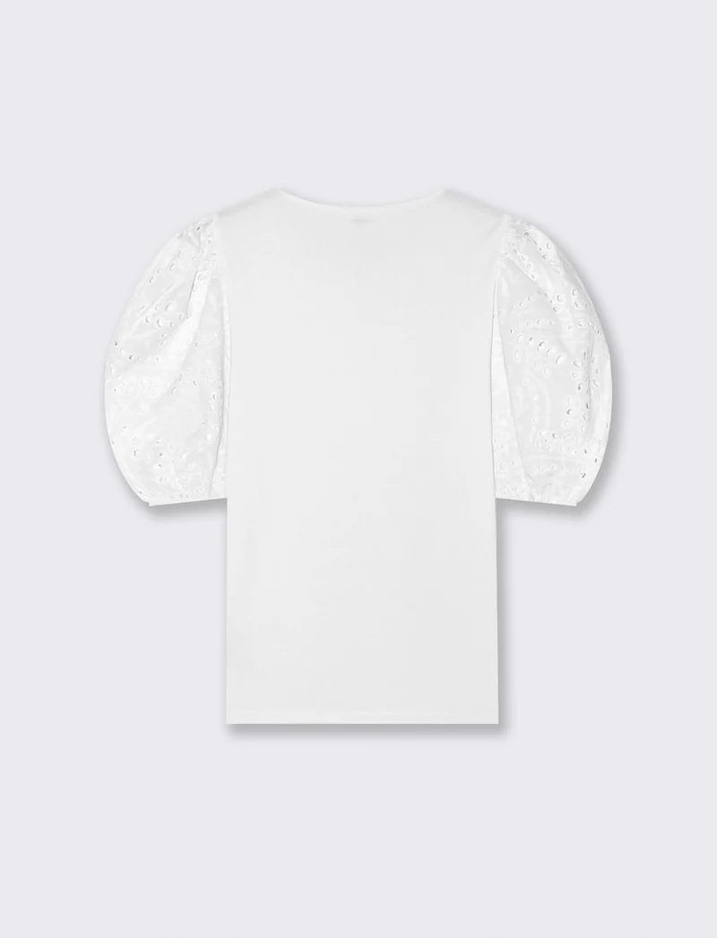 T-shirt in cotone con maniche in pizzo - Bianco