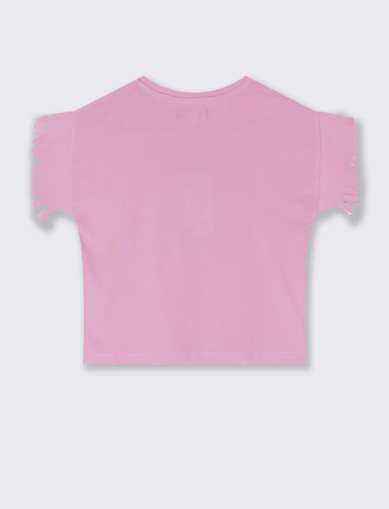 T-shirt mezza manica con frange e stampa - Rosa