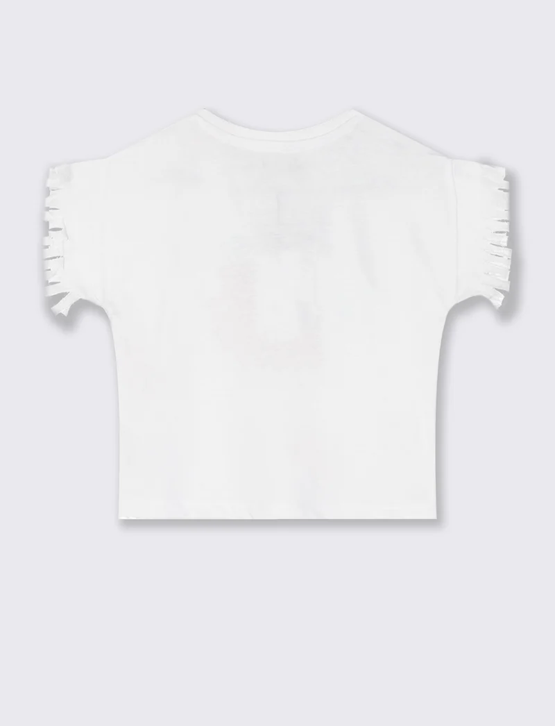 T-shirt mezza manica con frange e stampa - Bianco