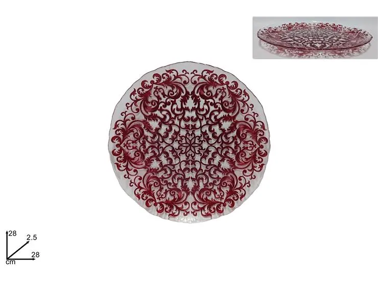 Piatto vetro decoro damasco rosso 28cm