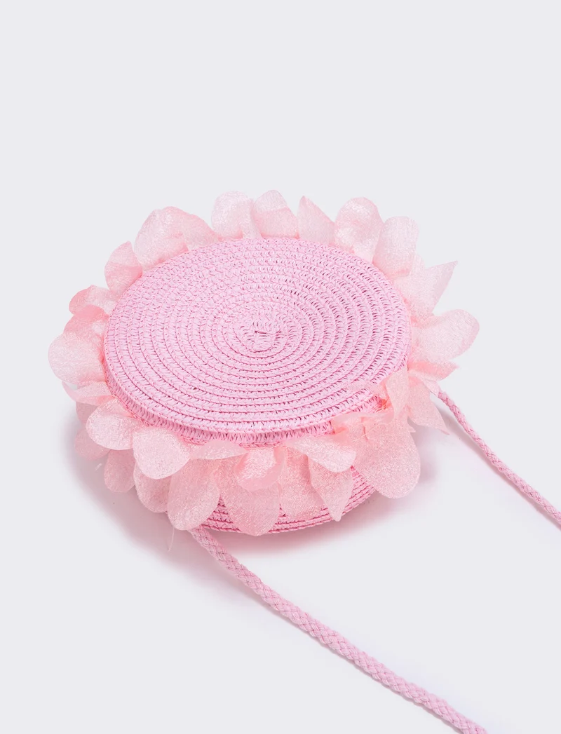 Borsetta rotonda in paglia con rouche bambina - Rosa