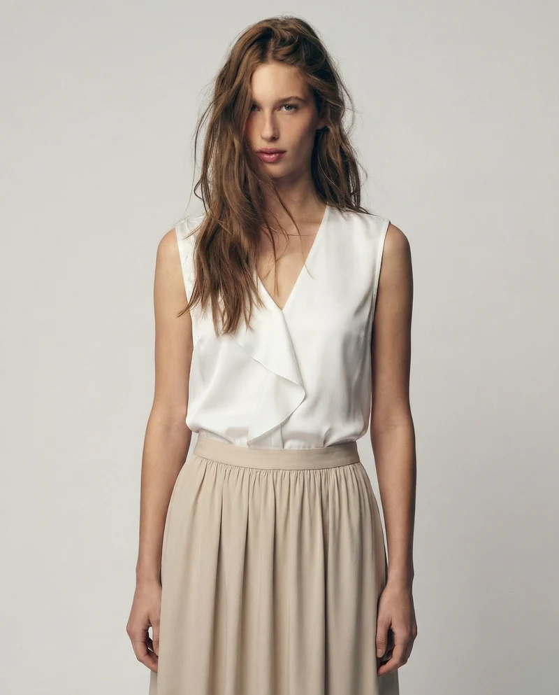 Top con rouches sullo scollo - Bianco panna