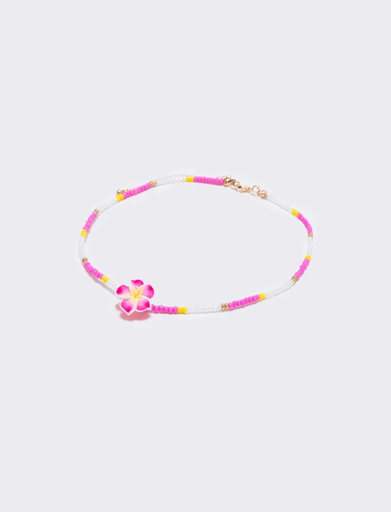 Collana con perline e fiore - Fuxia