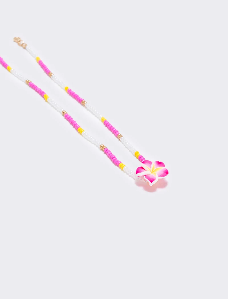 Collana con perline e fiore - Fuxia