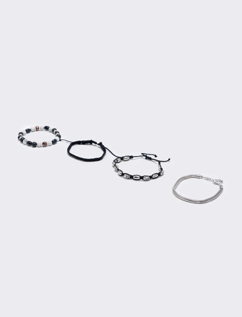 Bracciale 3 fili con teschio e palline - Bianco