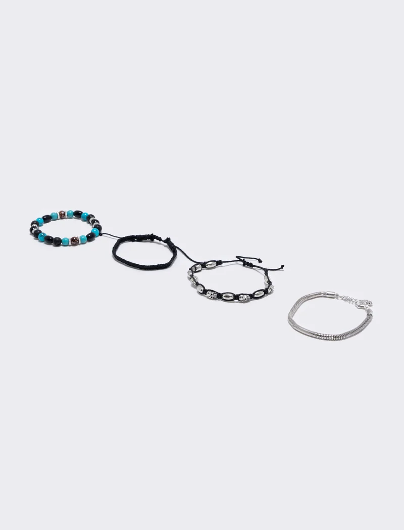 Bracciale 3 fili con teschio e palline - Turchese