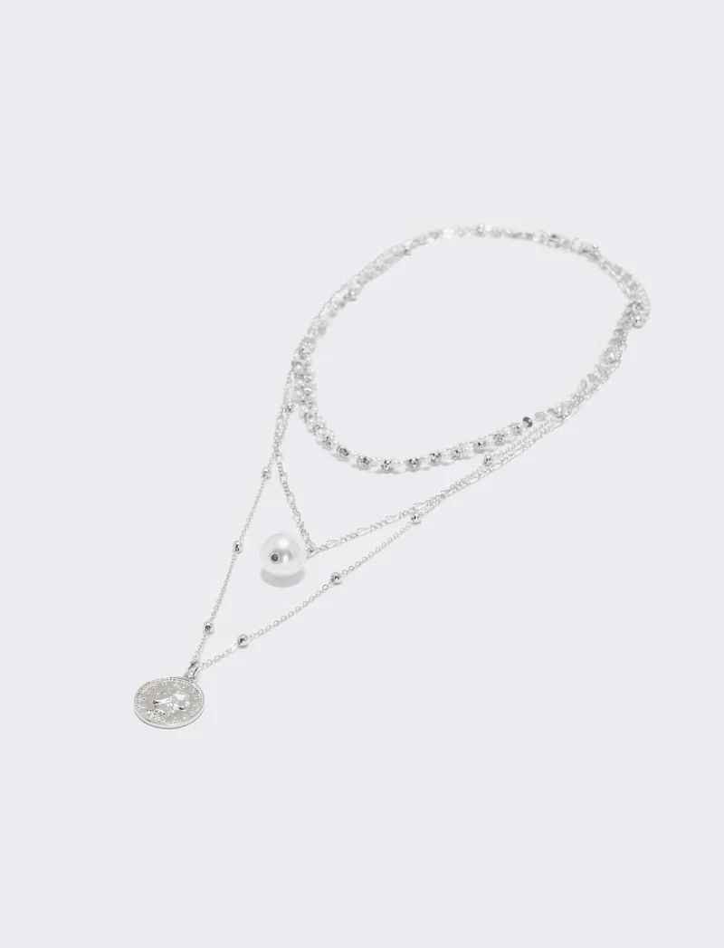 Collana tre fili con perla e monetina - Argento
