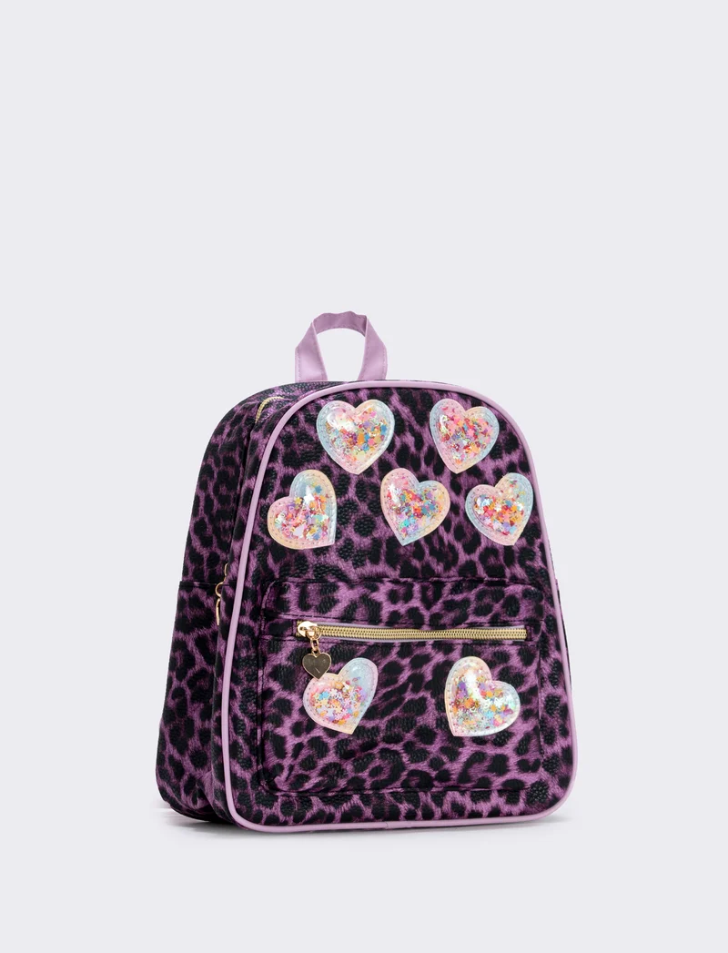 Zainetto leopardato con cuori glitterati - Lilla