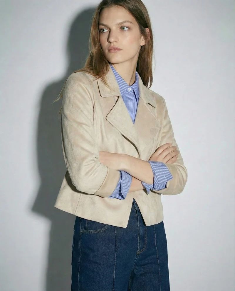 Chiodo in suede elegante - Vaniglia