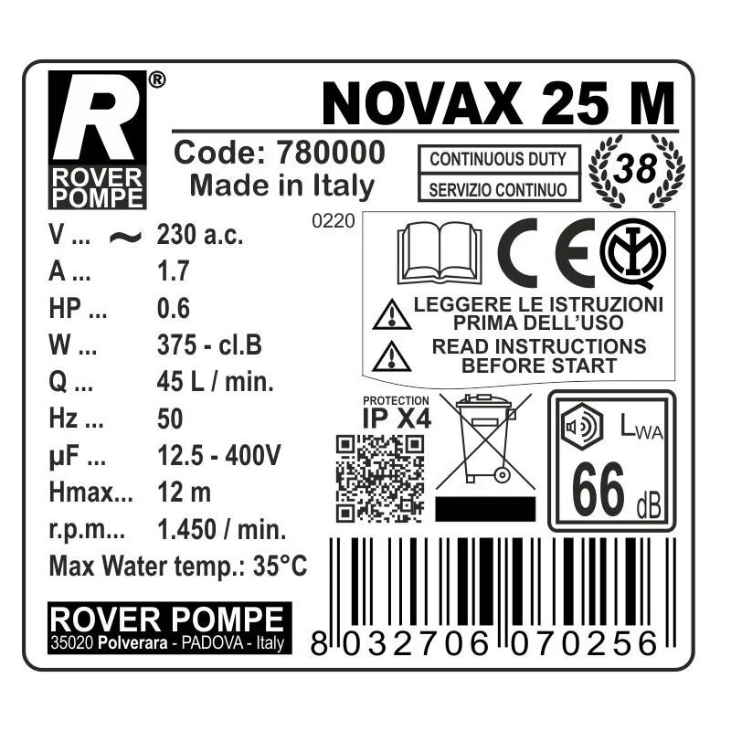 ELETTROPOMPA INOX ECONOMY D. 25 HP 0,6 "NOVAX 25-M"