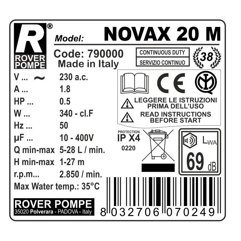 ELETTROPOMPA INOX ECONOMY D. 20 HP 0,5 "NOVAX 20-M"