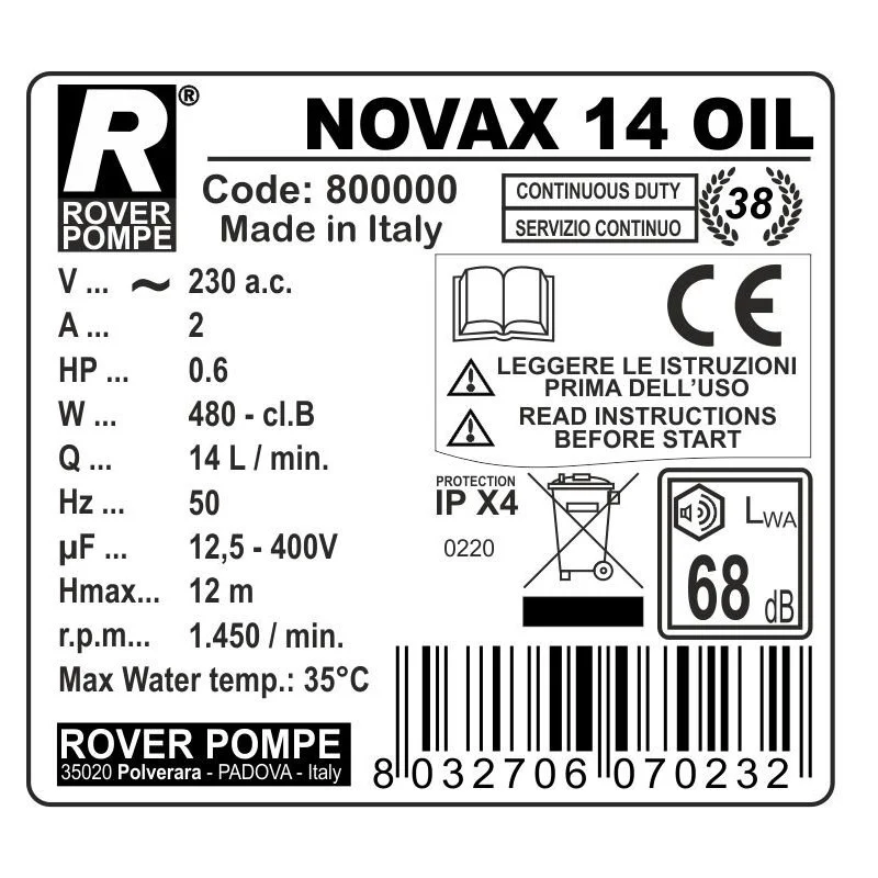 ELETTROPOMPA INOX ECONOMY D. 14 HP 0,6 "NOVAX 14-Oil"