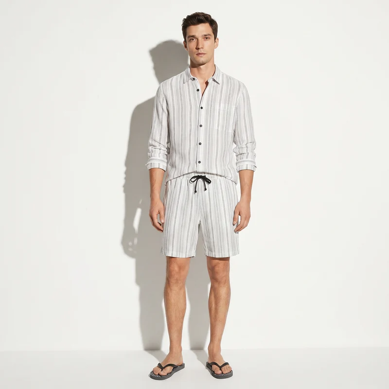 Camicia a righe in lino regular fit - Bianco