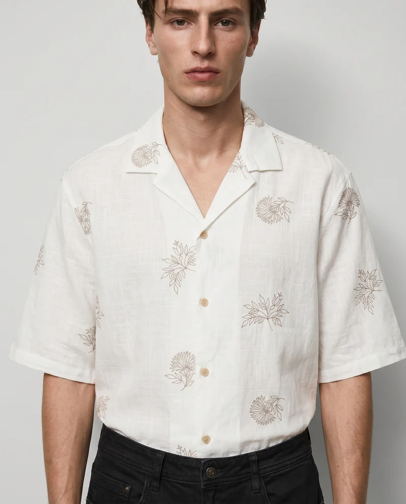 Camicia boxy fit in cotone ricamato - Beige ecru