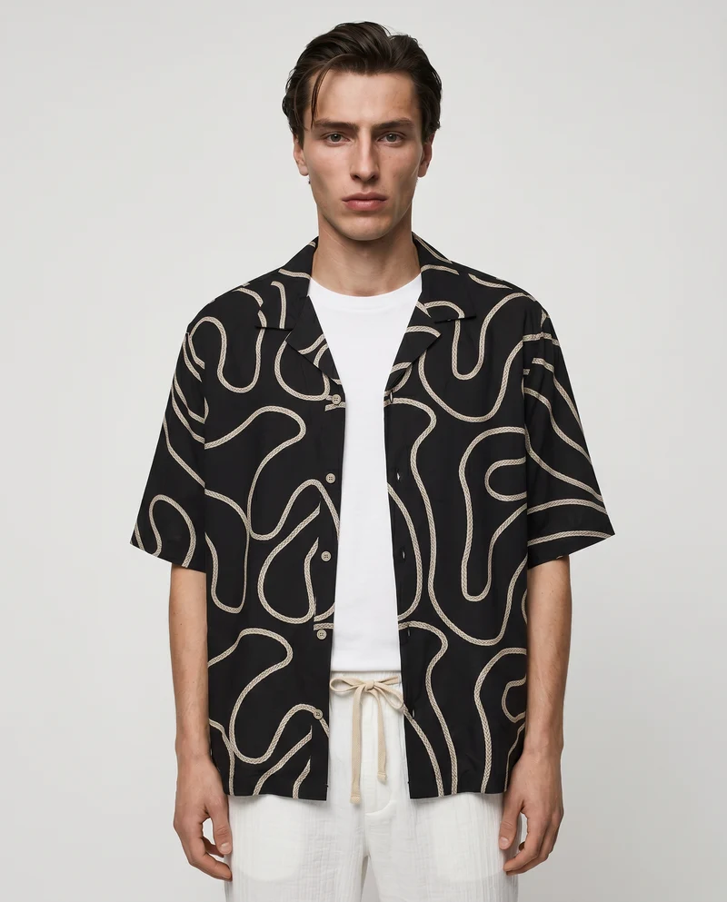 Camicia boxy fit in cotone ricamato - Nero