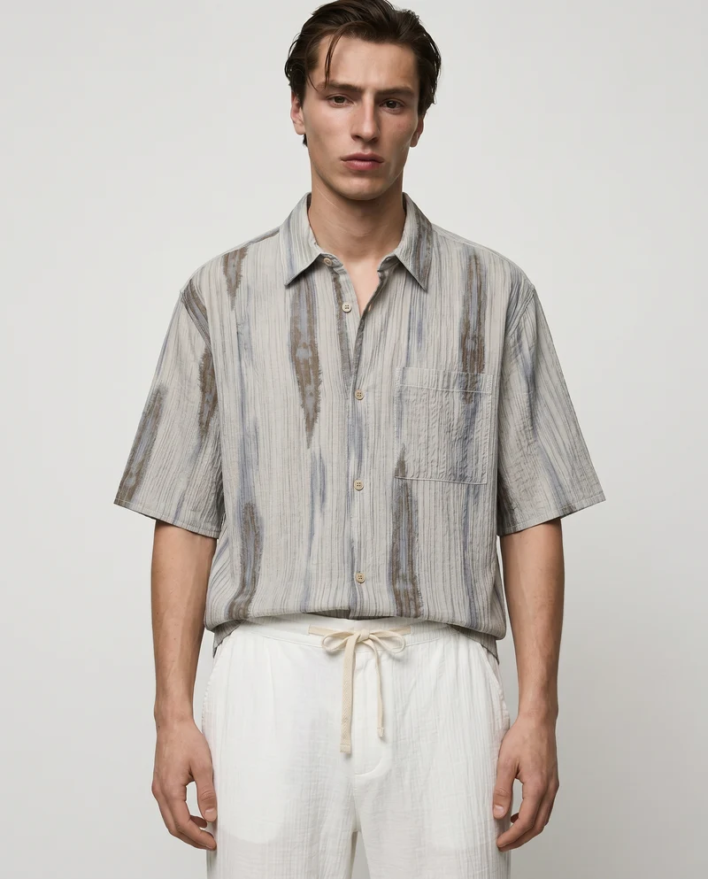 Camicia plissettata con stampa astratta - Grigio