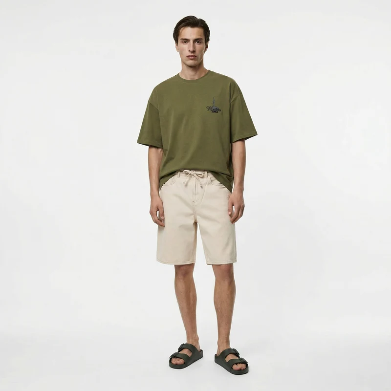 Bermuda Skater Fit in Cotone con Cintura - Beige ecru
