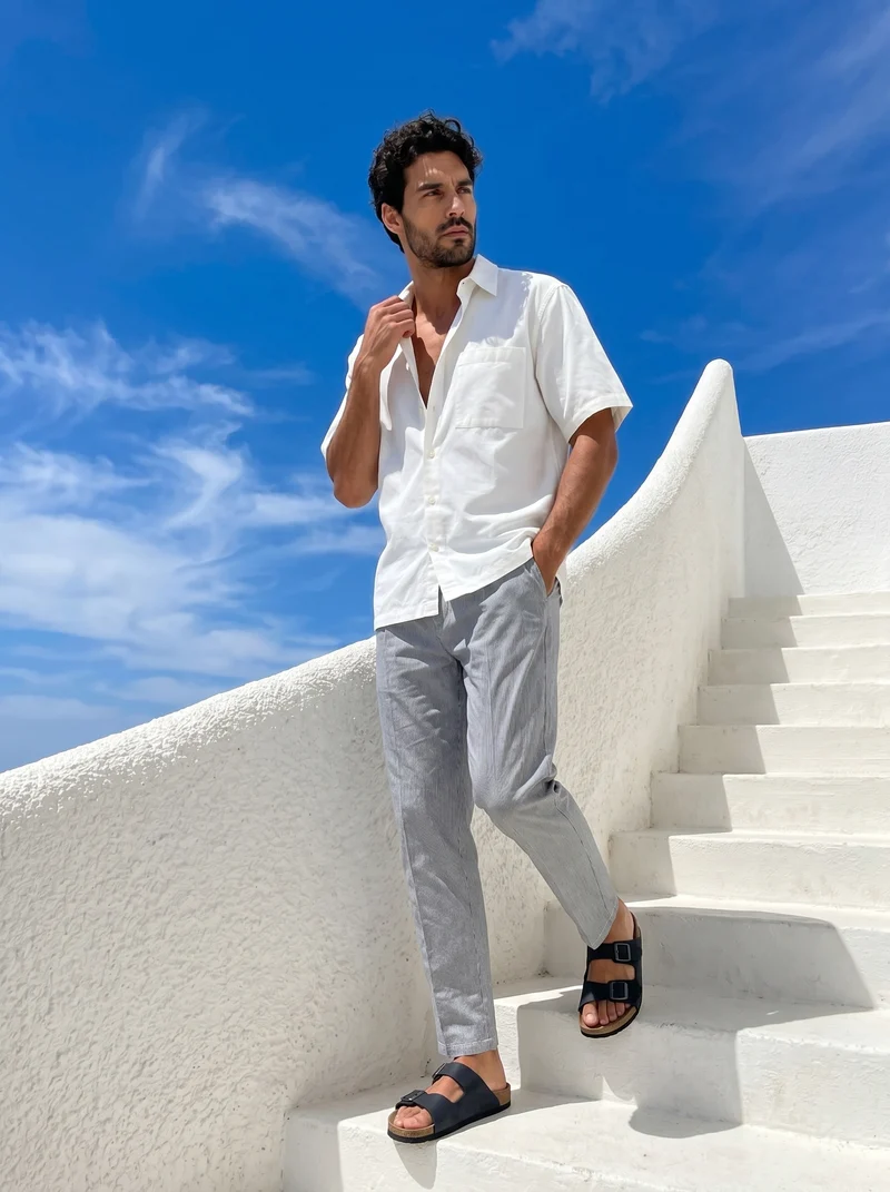 Pantaloni Chino Jogger Misto Lino Rigati - Blu