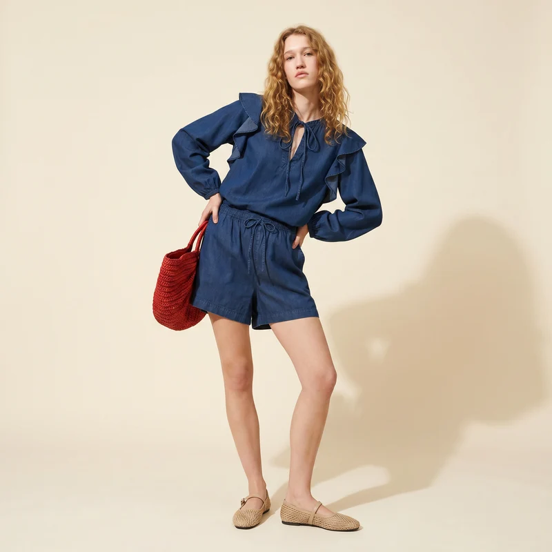 Short in lyocell con vita arricciata - DENIM SCURO