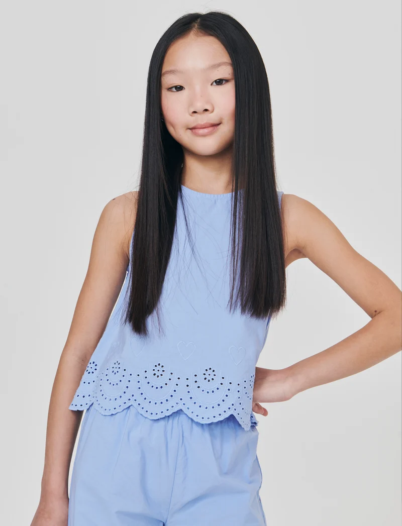 Top in cotone con ricamo elegante - Azzurro