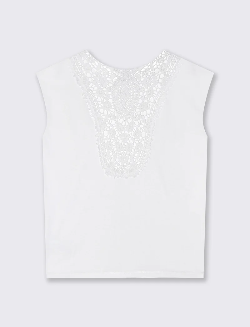 T-Shirt in Cotone con Inserto in Crochet - Bianco