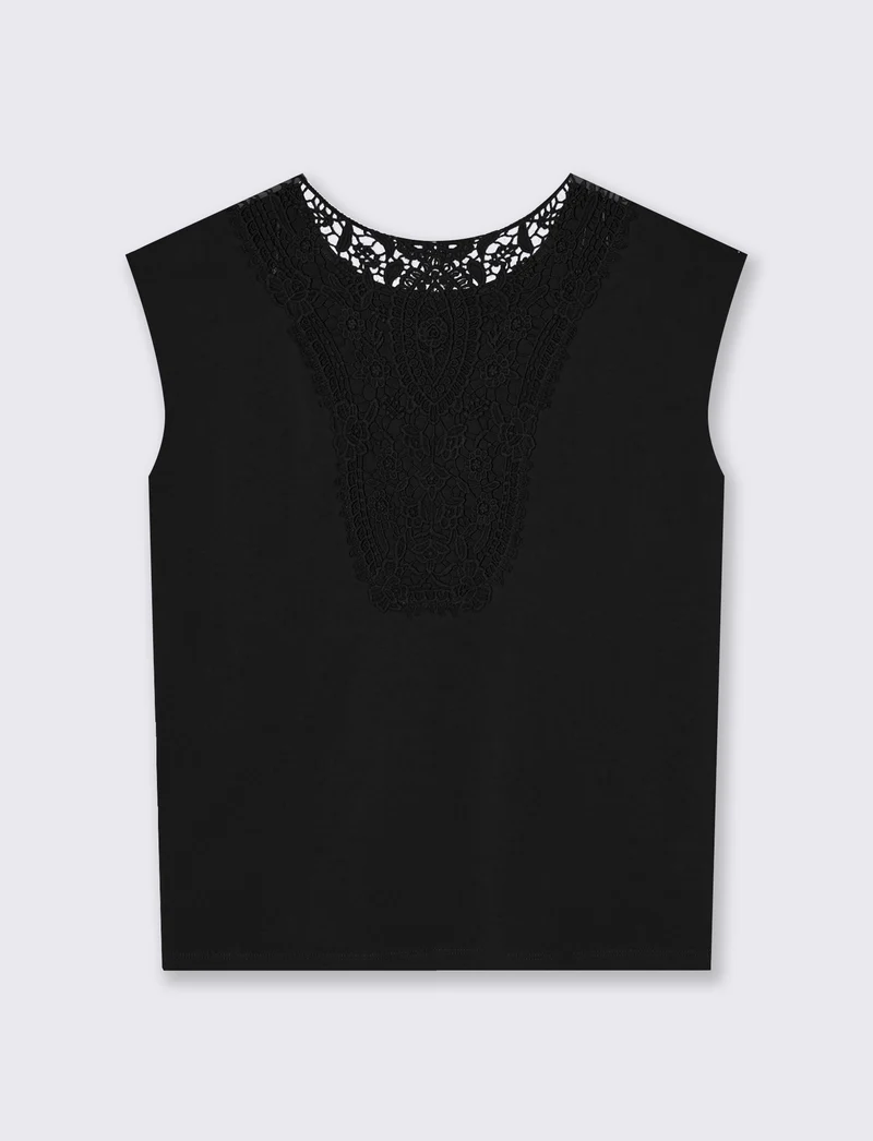 T-Shirt in Cotone con Inserto in Crochet - Nero