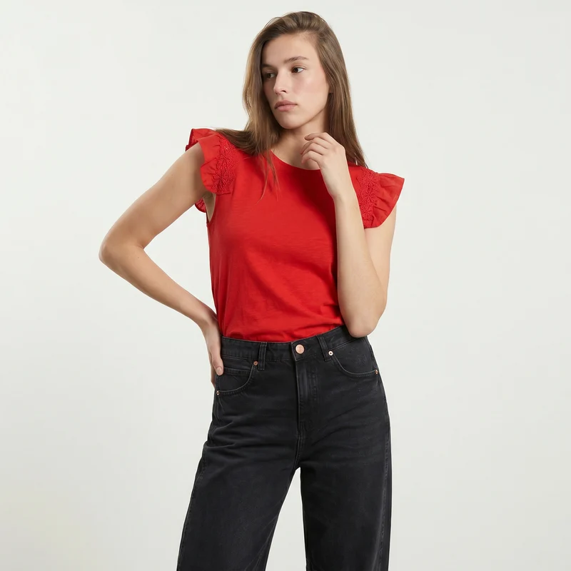 Maglia in pizzo con maniche ad aletta - Corallo