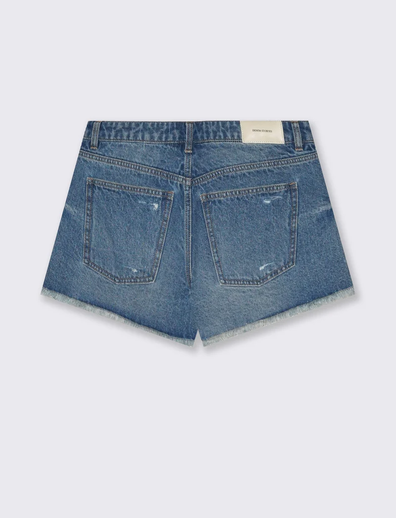 Short in denim a vita alta sfrangiato - DENIM SCURO