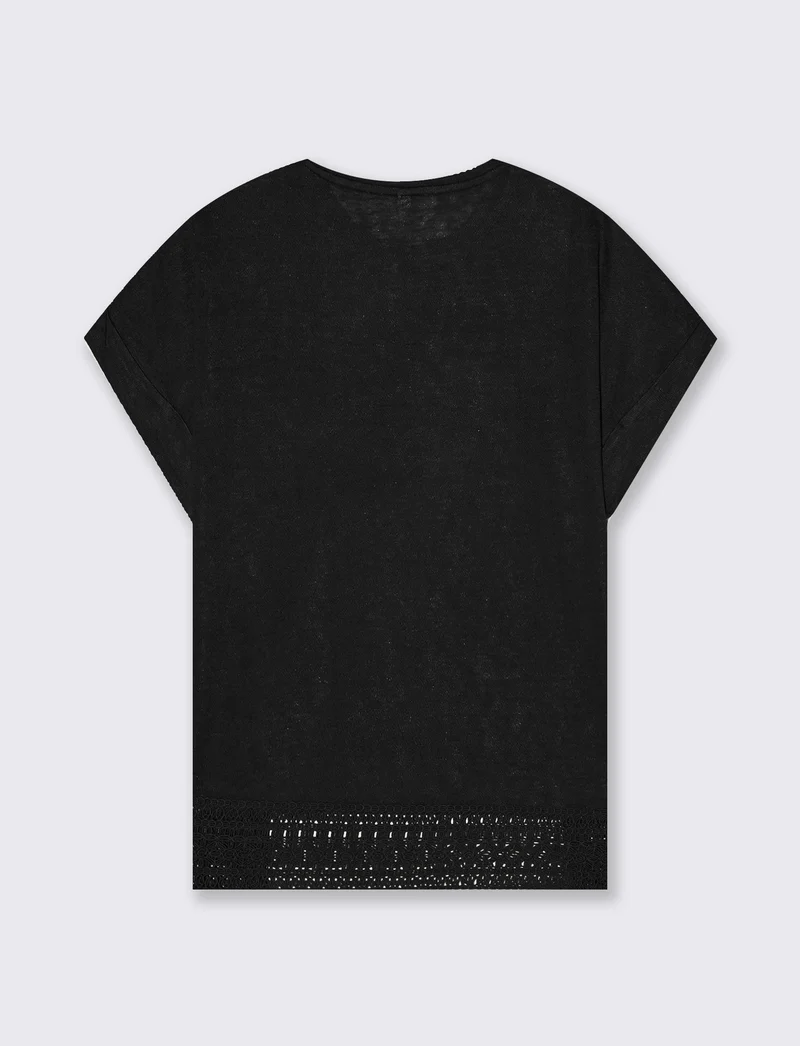 T-Shirt Manica Corta con Pizzo e Risvolto - Nero