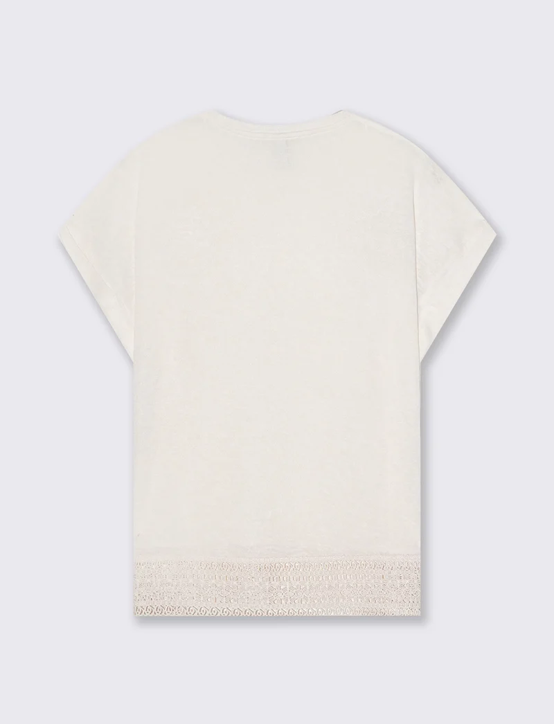T-Shirt Manica Corta con Pizzo e Risvolto - Avorio