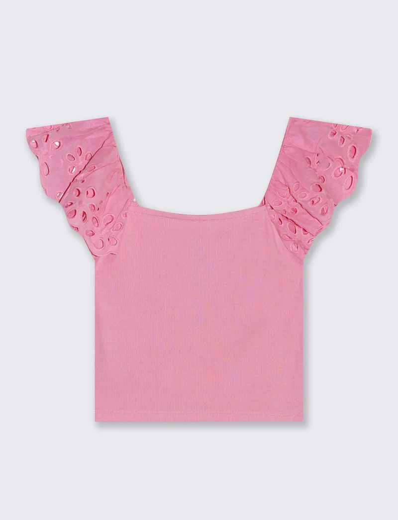 Top con pizzo e scollo quadrato a coste - Rosa big bubble