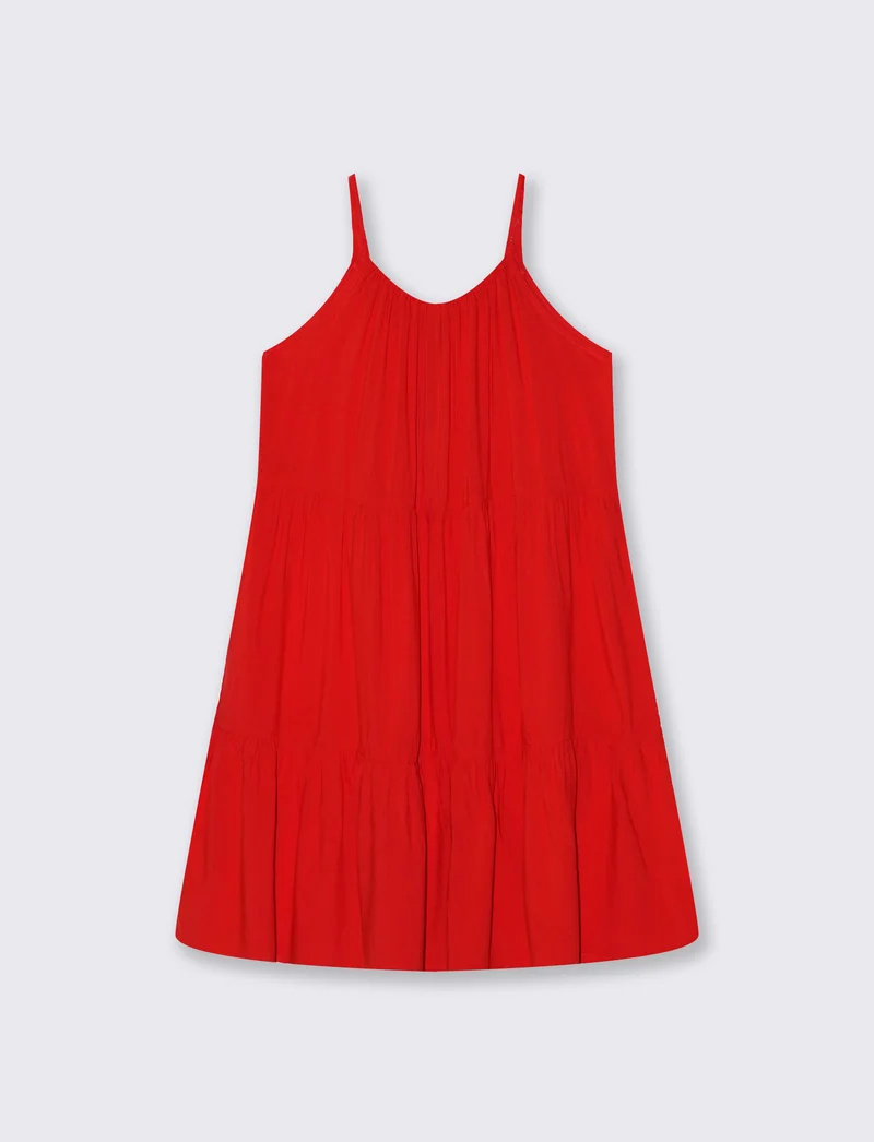 Vestito corto con bretelle e balza - Corallo