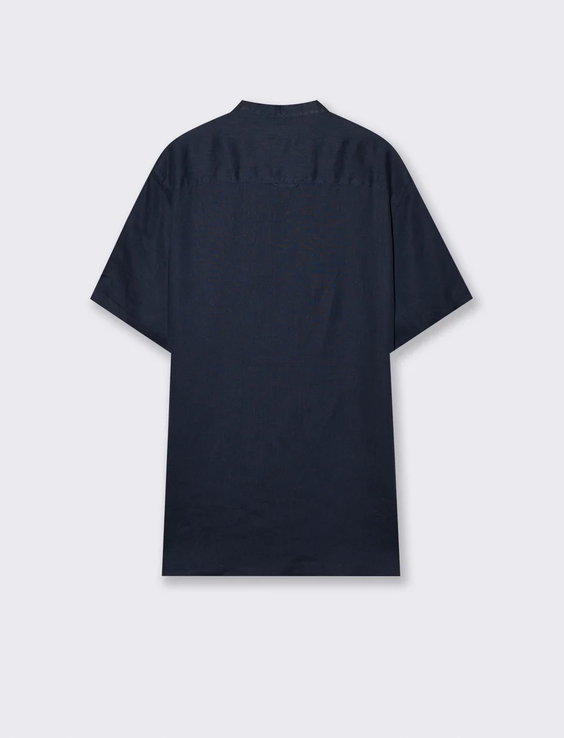 Camicia coreana manica corta in lino - Blu