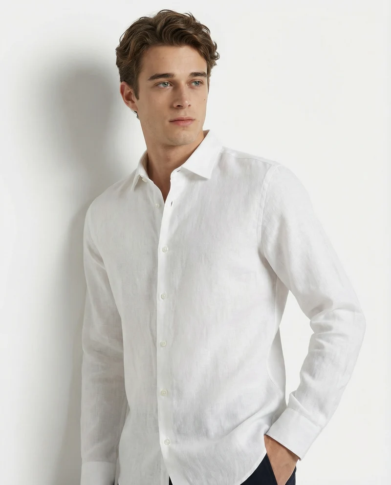 Camicia in lino leggero con collo francese - Bianco